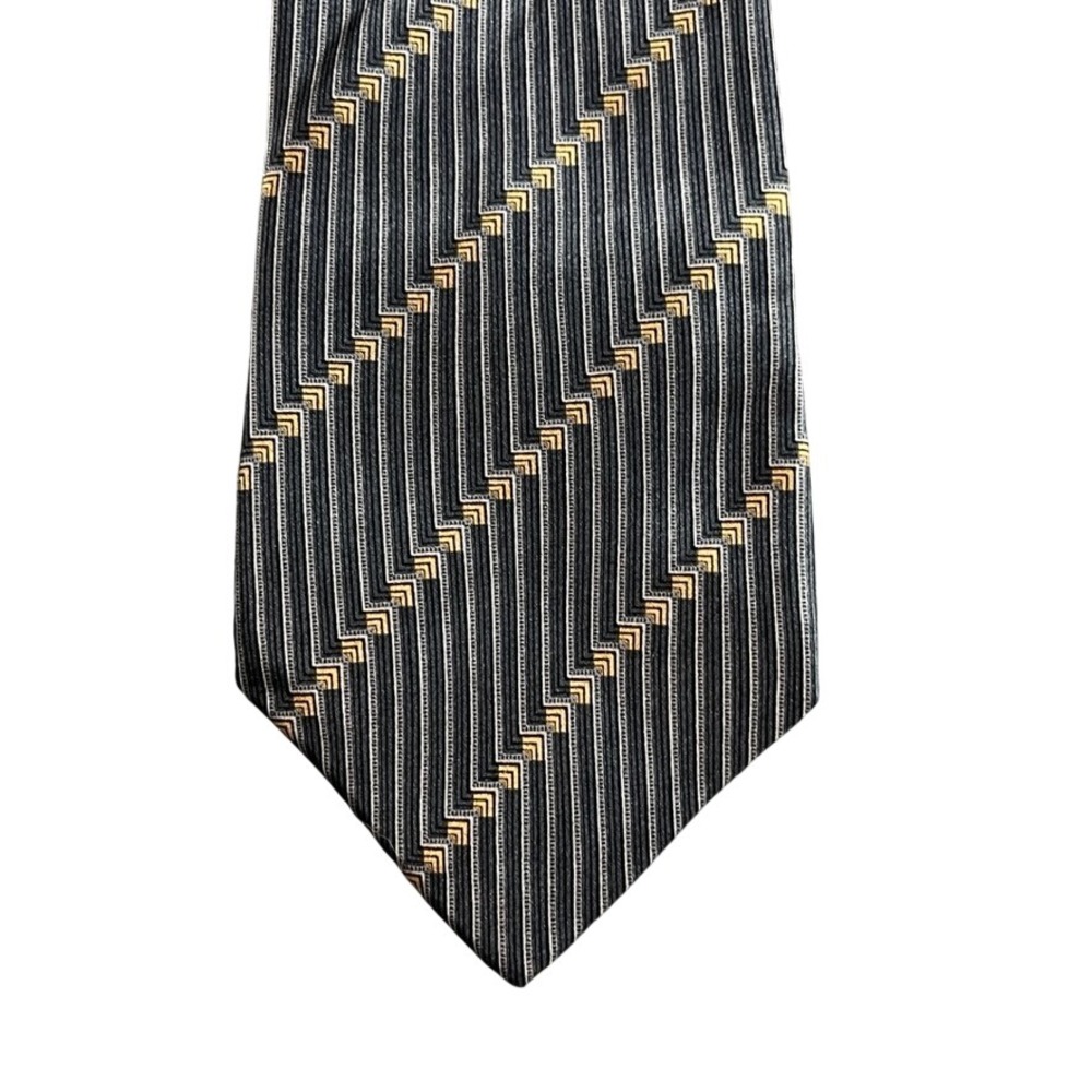 DKNY Mens Silk Necktie Charcoal Grey Gold Geometric Striped Formal Business Tie